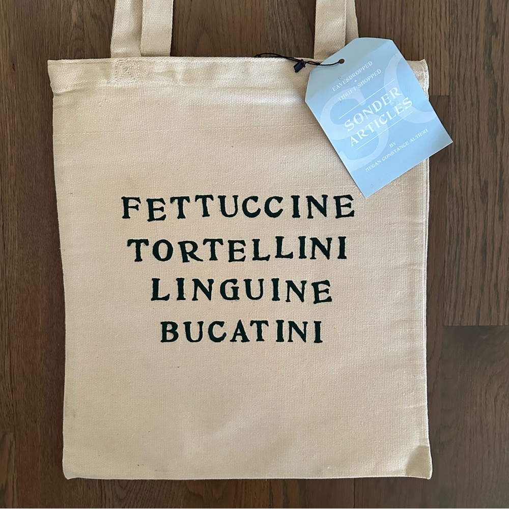 NWT Sonder Pasta Themed Canvas Tote Bag in Natural with Green 14"w x 15.25"h - Picture 2 of 6